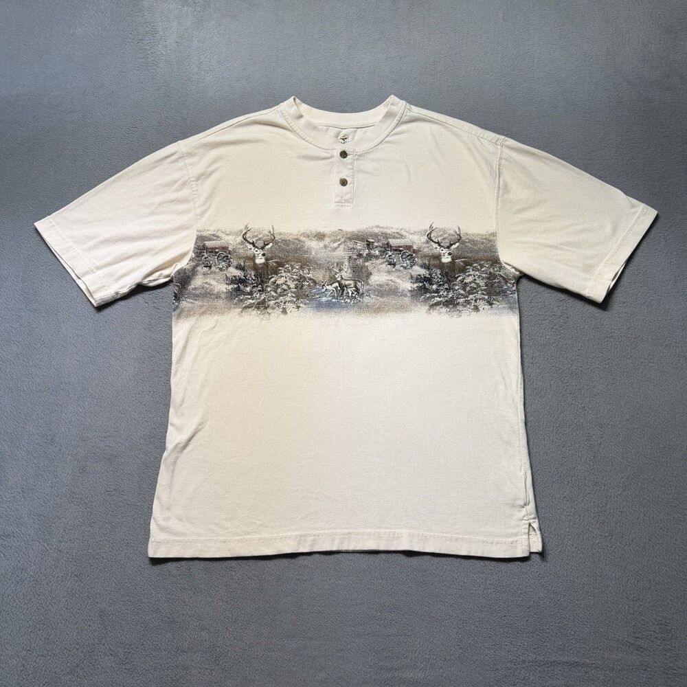 RedHead Men’s M Whitetail Deer Hunting Graphic Henley Shirt Beige Short Sleeve
